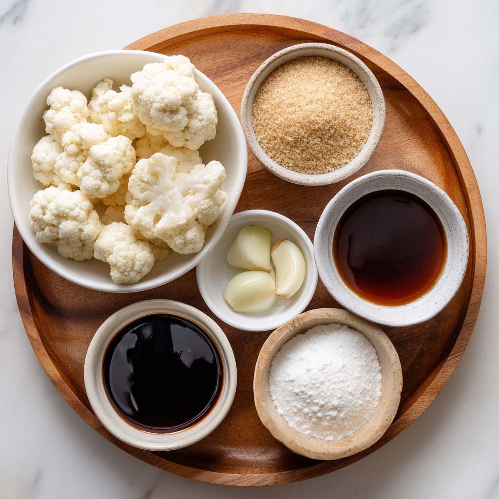 This image shows a round wooden tray placed on a white marbled surface, holding seven small bowls arranged neatly. At the bottom left is a white bowl filled with raw cauliflower florets that are off-white with a bumpy texture. To its right, a small white bowl contains thick dark brown hoisin sauce with a glossy surface. Above it is a rustic off-white bowl filled with light brown grains that look dry and rough. Next to this, a white bowl holds a neat mound of light brown sugar, smooth and rounded. Above that, a small white bowl holds two peeled garlic cloves, creamy white and smooth. Top middle features a small white bowl with a light greenish liquid, and to its left, a beige bowl with dark brown soy sauce. Near the cauliflower is a white bowl filled with fine white corn starch powder. The overall layout is clean, organized, and brightly lit. Photo taken with an iphone --ar 4:5 --v 7