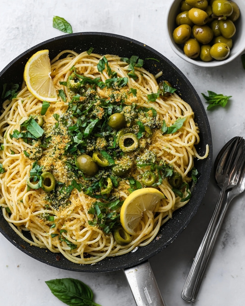 A black skillet filled with a bed of pale yellow spaghetti noodles, topped with bright green chopped olives and fresh green basil leaves scattered generously on top. There are light golden breadcrumbs sprinkled across the noodles, adding a crumbly texture, and two thin slices of lemon with a soft yellow color placed near the edge of the skillet. The skillet rests on a white marbled surface, and a silver fork and spoon sit to the right side of the skillet. Nearby, a white bowl filled with whole green olives in brine completes the scene, with a few basil leaves scattered around the surface. photo taken with an iphone --ar 4:5 --v 7