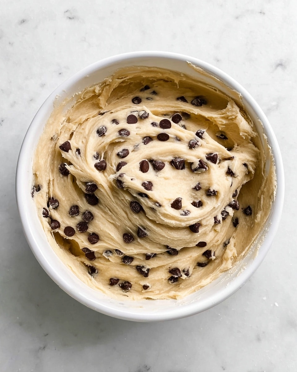 A white bowl filled with creamy light beige cookie dough mixed evenly with lots of small dark brown chocolate chips scattered throughout. The dough has a smooth and soft texture with visible swirl marks on the surface, showing it was just stirred. The bowl sits on a white marbled surface. photo taken with an iphone --ar 4:5 --v 7