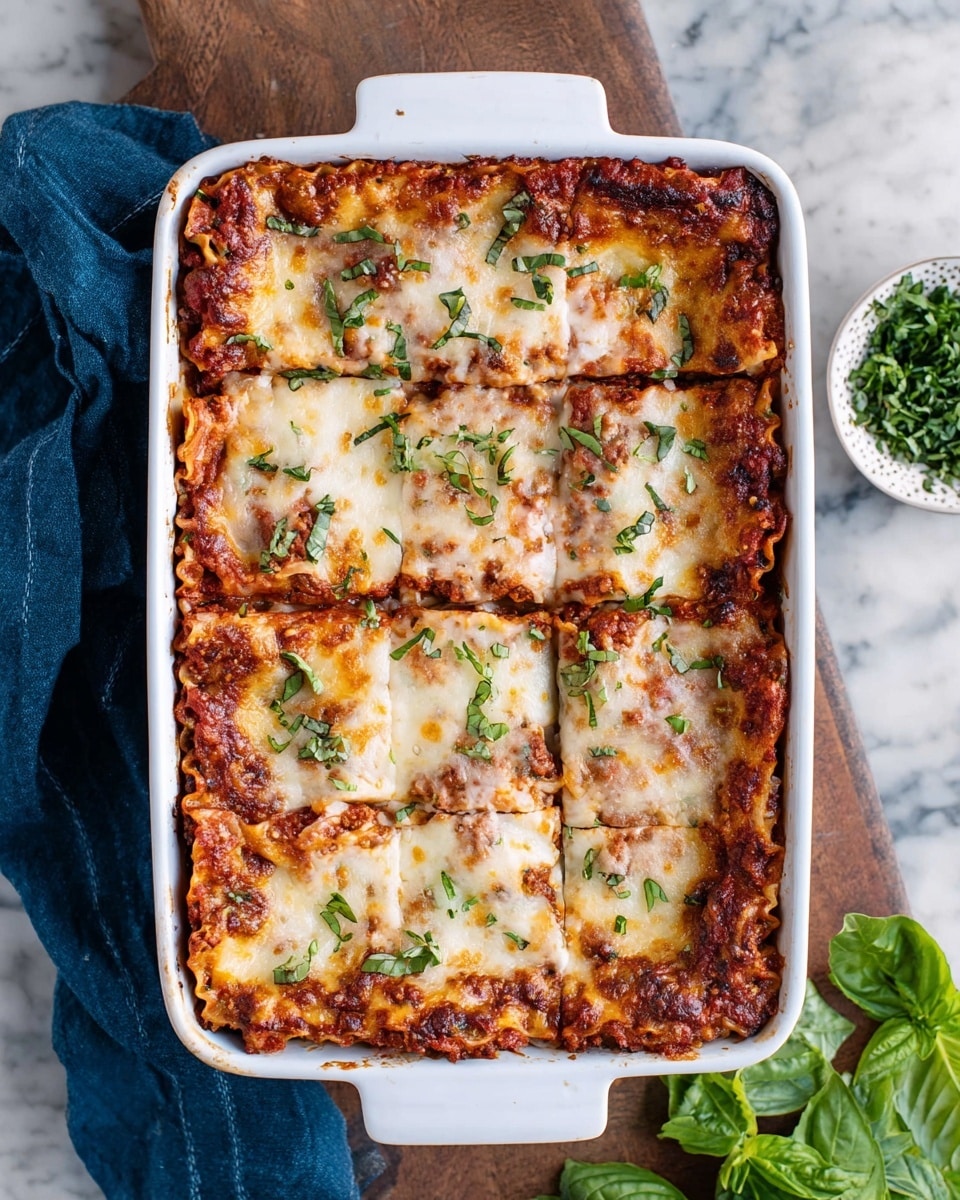 A white rectangular baking dish holds a freshly baked lasagna cut into six squares. The top layer is uneven, melted cheese with golden brown spots and small chopped green herbs sprinkled across. Beneath the cheese, visible portions of rich, chunky tomato meat sauce blend with layers of pasta sheets peeking at the edges, showing a textured, saucy base. Bright green basil leaves are placed on top in five spots. The dish sits on a white marbled surface with fresh basil leaves and a small white bowl filled with chopped herbs nearby. A blue cloth napkin is casually placed to the left side of the dish. photo taken with an iphone --ar 4:5 --v 7