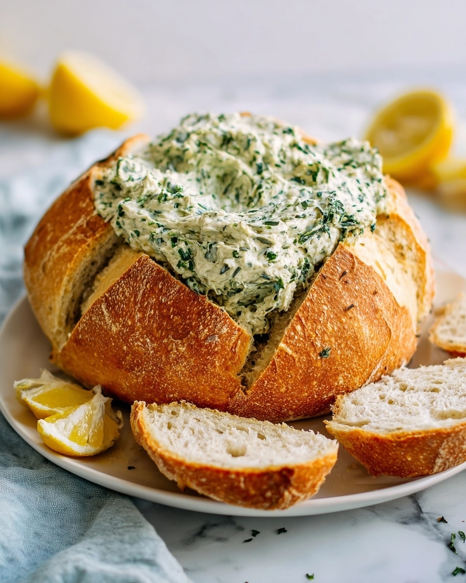 A large round loaf of crusty golden brown bread sits in the center of a white plate with a few slices of the same bread placed in front of it. The top of the loaf is cut into sections and piled high with a thick, creamy spread mixed with green leafy herbs, giving it a textured, speckled look. The background is a white marbled surface with soft white cloth and blurred lemon halves. The scene looks bright and fresh. Photo taken with an iphone --ar 4:5 --v 7