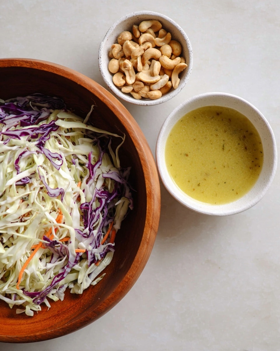 The image shows a wooden bowl filled with shredded cabbage layers, featuring mostly white cabbage with some purple and thin bits of orange carrot mixed in. Above the bowl, slightly to the right, is a small white ceramic bowl filled with a yellow-green sauce that has a smooth texture. To the left of this sauce is another small white bowl containing a mix of nuts, including cashews and peanuts. The items are placed on a white marbled surface photo taken with an iphone --ar 4:5 --v 7