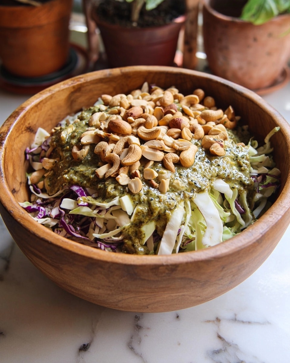 A wooden bowl holds a fresh salad with three main layers. At the bottom are thin, pale green and white cabbage strips with some purple cabbage mixed in, creating a light base. On top of that, a generous layer of mixed nuts, including whole cashews and sliced almonds, covers most of the salad. The top layer is a thick, greenish dressing with visible herbs, spread unevenly over the nuts, adding a shiny, textured look. The bowl sits on a white marbled surface with a blurred background showing pots and plants. Photo taken with an iphone --ar 4:5 --v 7