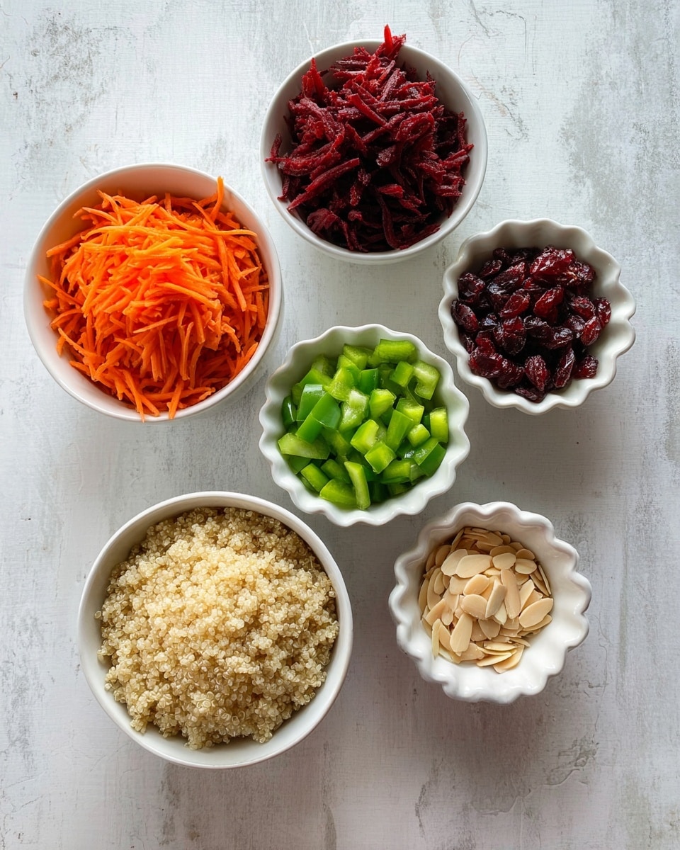 The image shows six small white bowls arranged on a white marbled surface. One bowl contains light beige cooked quinoa with a soft, fluffy texture, positioned at the bottom left. Above it to the left is a bowl filled with thin orange shredded carrots. At the top center is a bowl of dark red chopped beets with a shiny, smooth surface. To the right of the quinoa is a bowl of bright green chopped bell peppers with a crisp texture. Below the green peppers is a small scalloped bowl holding pale beige sliced almonds. Above the almonds and to the right is another small scalloped white bowl filled with dark red dried cranberries. The bowls are neatly arranged with clear, fresh ingredients. photo taken with an iphone --ar 4:5 --v 7