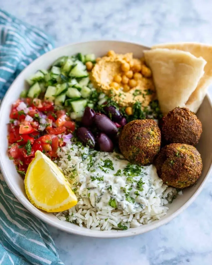 Mediterranean Falafel Rice Bowls with Hummus and Tzatziki Recipe