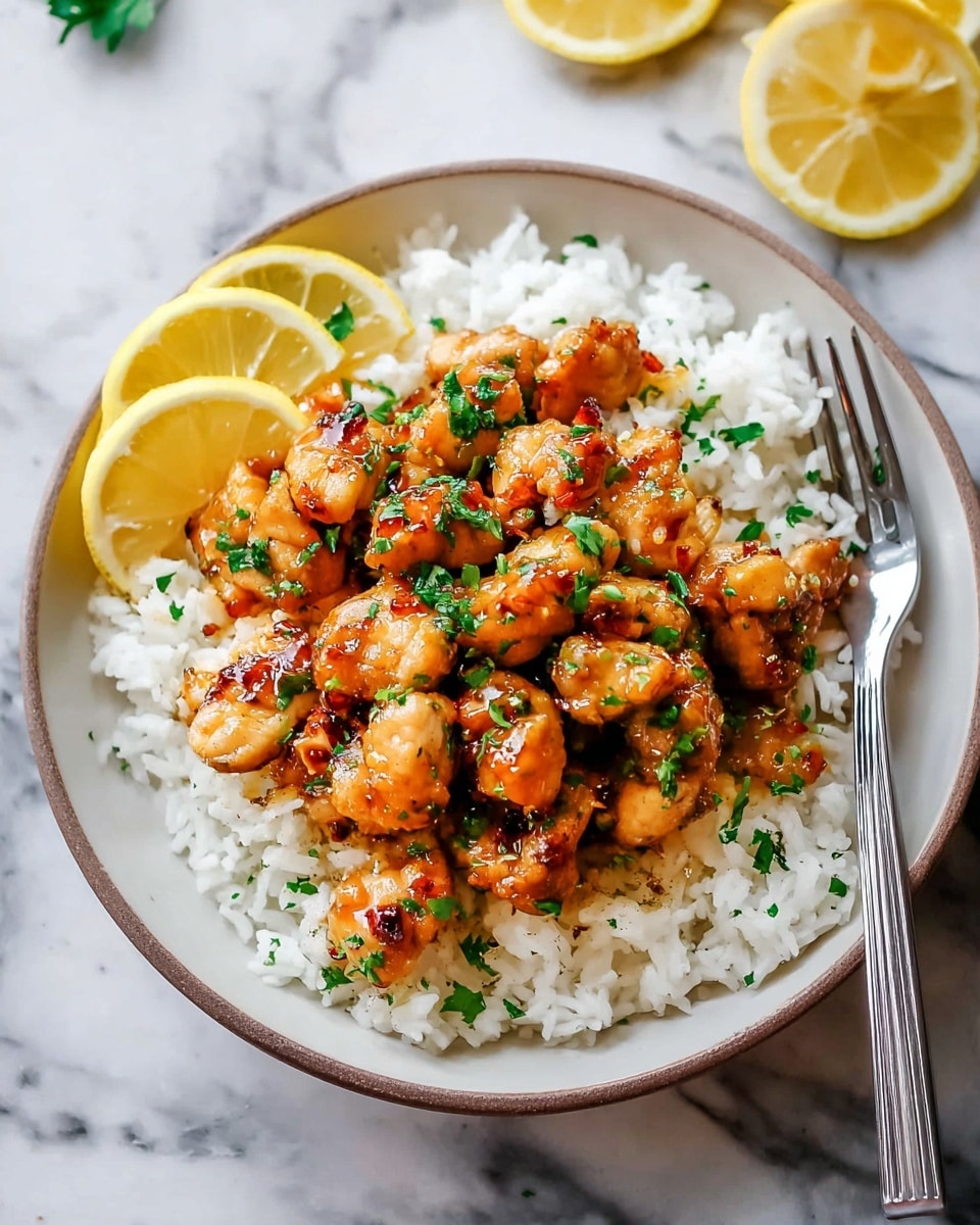 A plate of white rice forms the bottom layer, with small, soft grains spread evenly on a white plate. On top, there is a layer of golden-brown cooked chicken pieces that look juicy and slightly shiny with sauce, sprinkled with chopped green herbs. Two thin lemon slices are placed on the side, adding a fresh yellow color. A silver fork rests at the right edge of the plate. The background is a white marbled surface with some lemon slices out of focus in the upper right corner. Photo taken with an iphone --ar 4:5 --v 7
