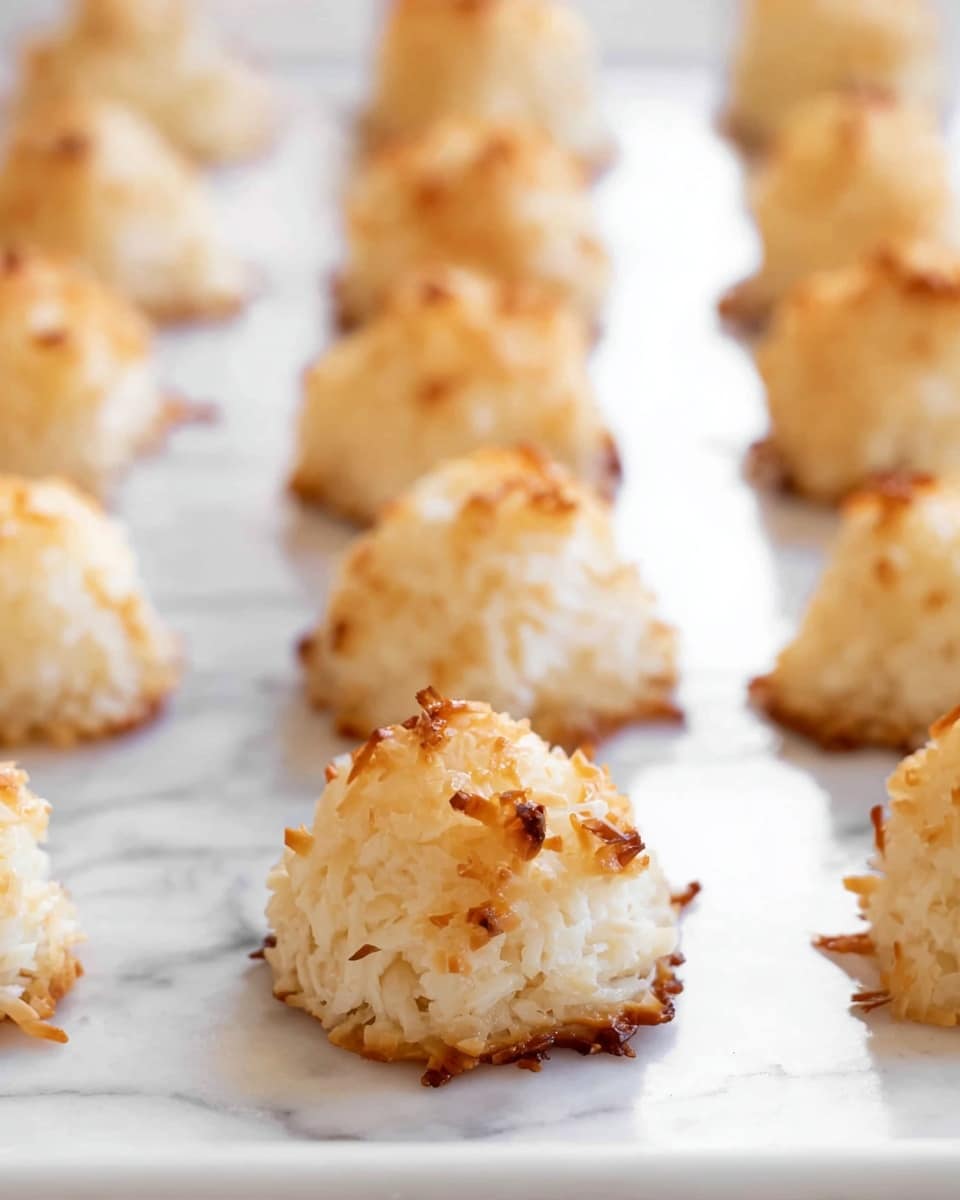 The image shows rows of small, round coconut macaroons on a white tray placed on a white marbled surface. Each macaroon has a light golden-brown top with some toasted coconut flakes sticking out, while the bottom is a creamy white color with a rough, textured surface. The macaroons have a slightly uneven shape, giving them a homemade feel, and they are arranged in neat straight lines, with the focus on the front row, which is sharp and clear, while the background rows blur softly. photo taken with an iphone --ar 4:5 --v 7