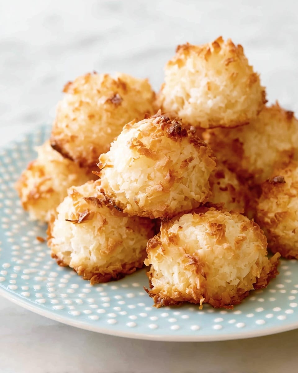 A close-up of a pile of eight round, golden-brown coconut macaroons with a textured surface showing toasted coconut shreds, arranged closely on a white plate that has a raised dot pattern around the edge, placed on a white marbled surface. The macaroons have a rough, crispy outside with lighter, softer coconut inside visible in some areas, giving a mix of light cream and golden brown colors. The plate's white color contrasts softly with the warm tones of the macaroons, highlighting their texture. photo taken with an iphone --ar 4:5 --v 7