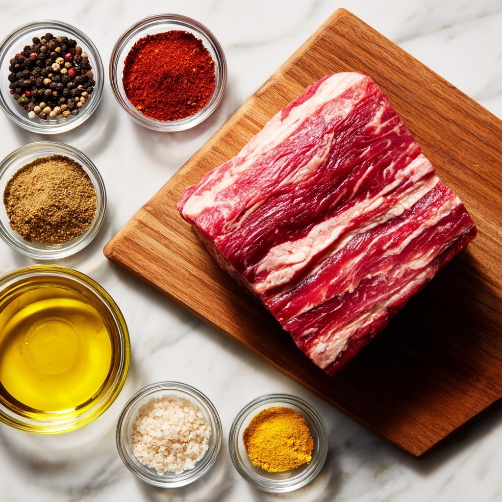 A large raw piece of red meat with white fat layers lies on a wooden cutting board, showing smooth and marbled textures. Around the board, there are eight clear glass bowls placed on a white marbled surface. These bowls contain different spices and seasonings in brown, red, yellow, black, beige, and white colors, plus a bowl with golden oil. The whole scene is bright and clean, with natural lighting highlighting the textures and colors. photo taken with an iphone --ar 4:5 --v 7