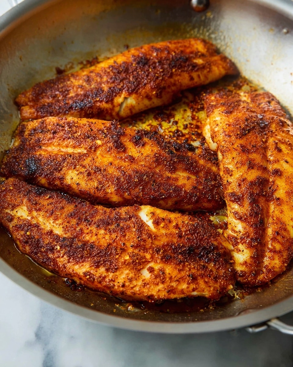 Four golden brown fish fillets are cooked in a silver pan, each covered with a thick, reddish-brown spice rub. The texture of the fish skin shows slight charring and crisp edges, while the spices appear coarse with visible granules and small seeds. The pan’s shiny surface reflects light softly, and the image is set against a white marbled background. The photo taken with an iphone --ar 4:5 --v 7