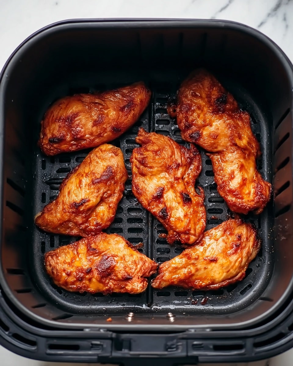 The image shows six pieces of cooked chicken placed inside a black air fryer basket. The chicken pieces have a shiny, red-brown surface with some texture showing slight charring and a grilled look. They are spread out in two rows, with three pieces on the top row and three on the bottom row. The air fryer basket has a perforated bottom and ridged sides. There is a white marbled surface underneath the basket visible at the edges. photo taken with an iphone --ar 4:5 --v 7