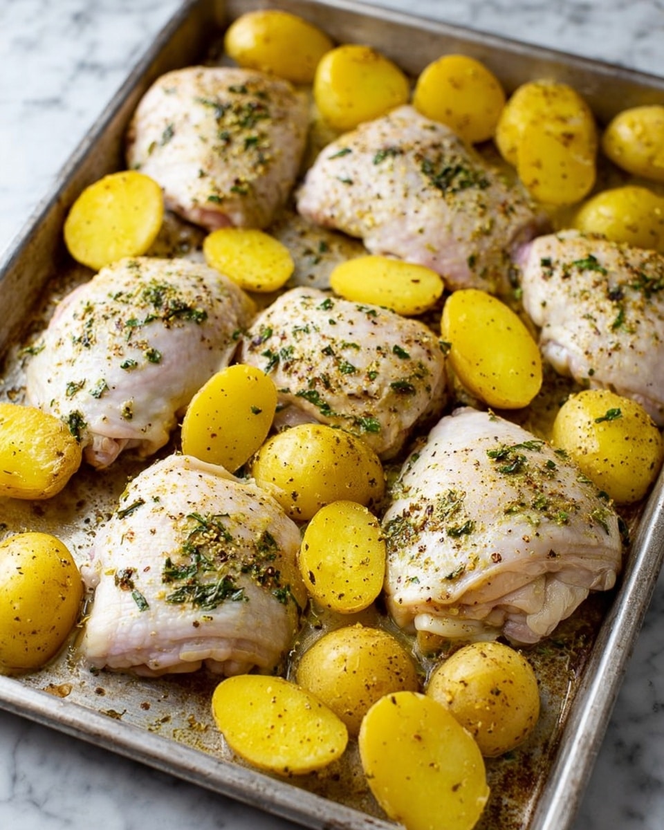 A close-up view of a baking tray filled with six raw chicken thighs arranged unevenly, each seasoned with herbs and spices that create tiny green and black specks on the pale skin. Around and between the chicken pieces are smooth yellow potato halves, also seasoned lightly with small specks of black pepper and herbs. The tray has a silvery metal texture with some slight discoloration and wear. The background surface is a white marbled texture. photo taken with an iphone --ar 4:5 --v 7