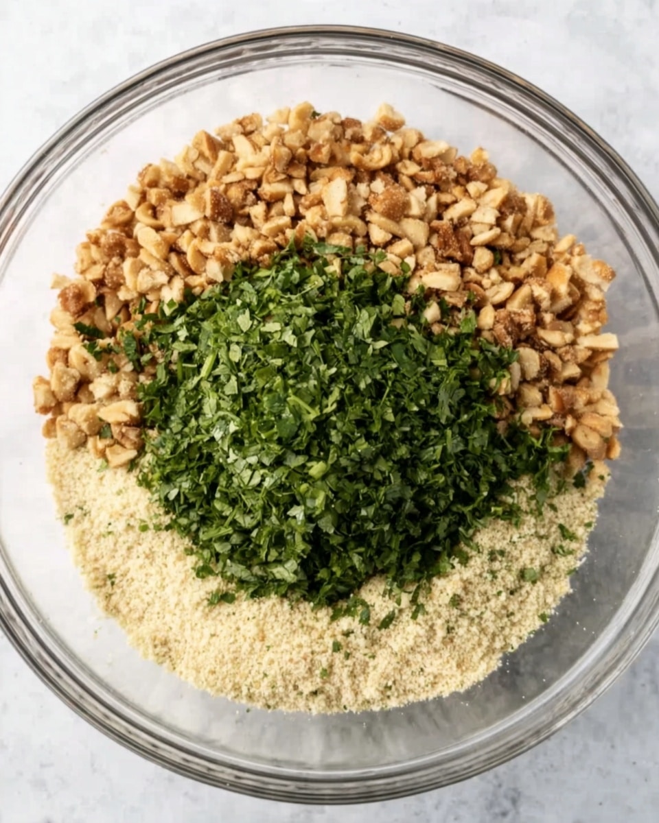 A clear glass bowl sits on a white marbled surface, divided into three parts filled with different ingredients. The top section contains chopped nuts with a light brown color and a crunchy texture. Below that, a large middle section is packed with finely chopped green herbs, vibrant and fresh. The bottom section holds a pale beige powder, likely breadcrumbs, with a soft texture. The three ingredients are arranged side by side, filling the bowl evenly. Photo taken with an iphone --ar 4:5 --v 7