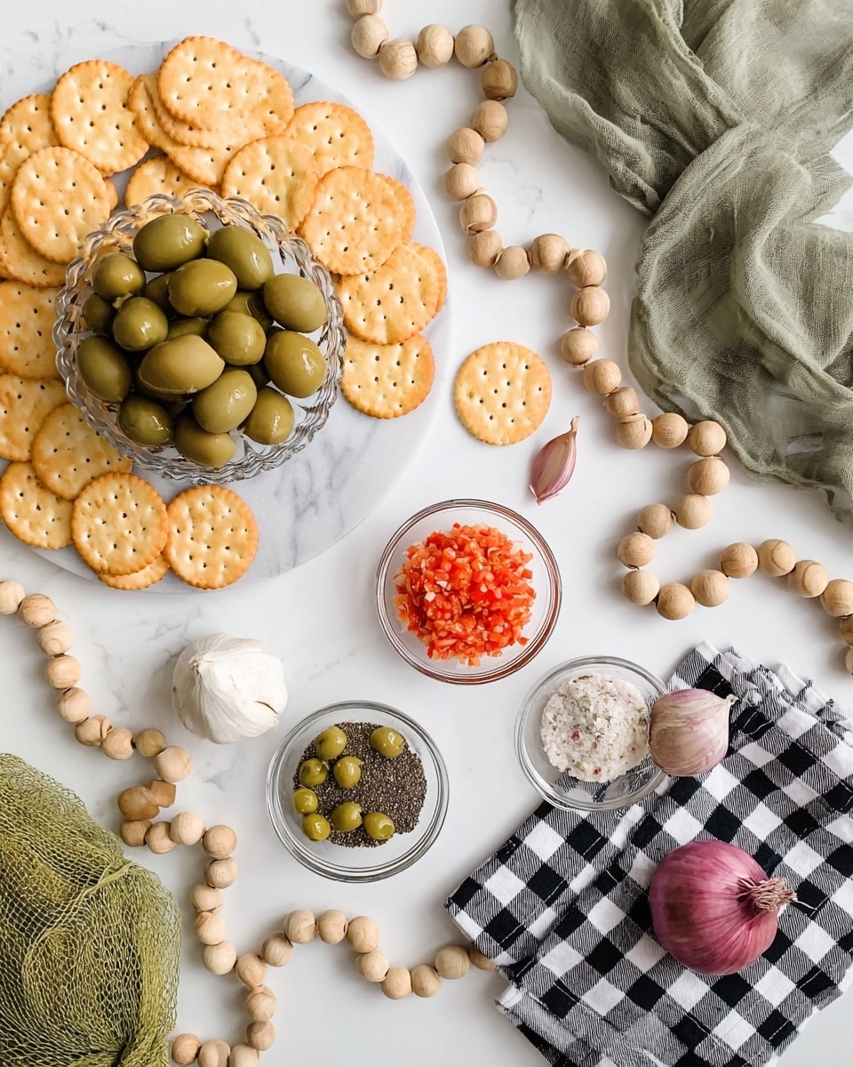 The image shows a flat lay arrangement of ingredients on a white marbled surface. In the top left, a clear glass bowl filled with large green olives sits on a small white marbled board, surrounded by golden round crackers scattered around the edges. Below the olives, there is a green mesh bag holding more crackers. Near the center, three small clear glass bowls hold finely chopped red peppers, green capers, and a mix of salt and pepper. To the right, a checkered black and white cloth has two halves of a small purple shallot, a whole garlic bulb, and a few more crackers on top. Three peeled garlic cloves rest directly on the white marbled surface near the cloth. Wooden bead garlands curl around the scene, and a green fabric lies partially in the top right corner. photo taken with an iphone --ar 4:5 --v 7