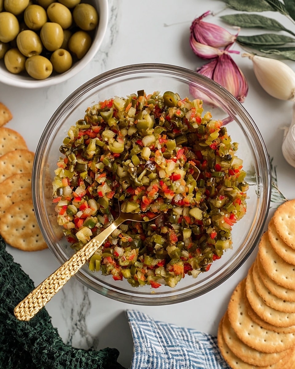 A clear glass bowl holds a colorful mix of finely chopped green olives, red pimentos, and dark green capers, all combined with small bits of translucent onion, creating a textured, speckled appearance with mainly green and red tones. A gold spoon with a textured handle rests inside the bowl, partially covered in the mixture. Around the bowl are round golden crackers stacked beside it on a white marbled surface, a white bowl filled with whole green olives, peeled garlic cloves, a halved purple shallot, and an unpeeled bulb of garlic. A dark green knitted cloth and a blue-and-white checkered cloth add additional texture to the scene. Photo taken with an iphone --ar 4:5 --v 7