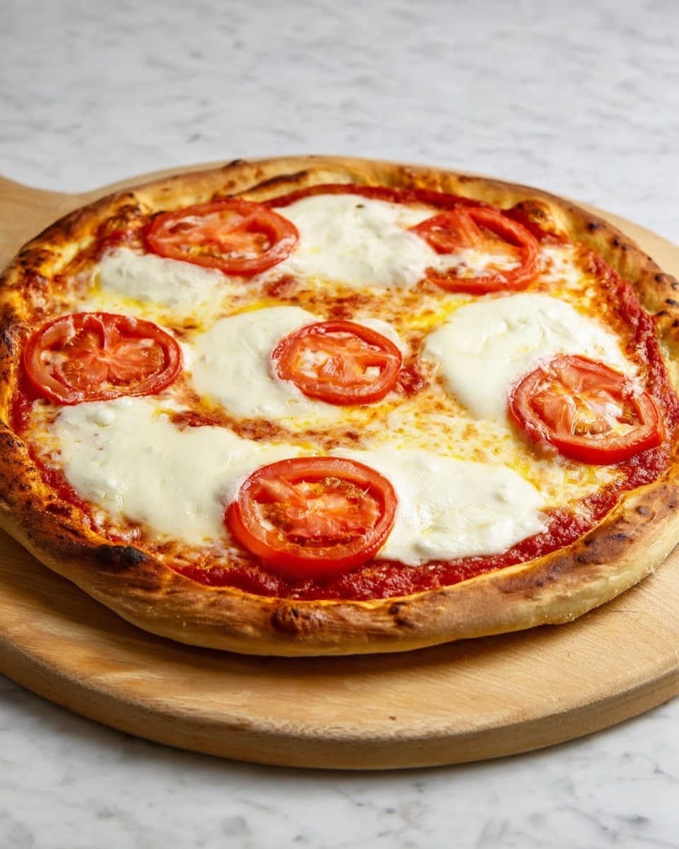 The image shows a pizza with three main layers resting on a light wooden board on a white marbled surface. The bottom layer is a thick, golden-brown crust with slight charring. On top of this is a layer of red tomato sauce spread evenly close to the crust’s edge. Over the sauce, there are large, uneven white melted mozzarella cheese slices covering most of the pizza, topped with several circular red tomato slices spaced out evenly. Photo taken with an iphone --ar 4:5 --v 7