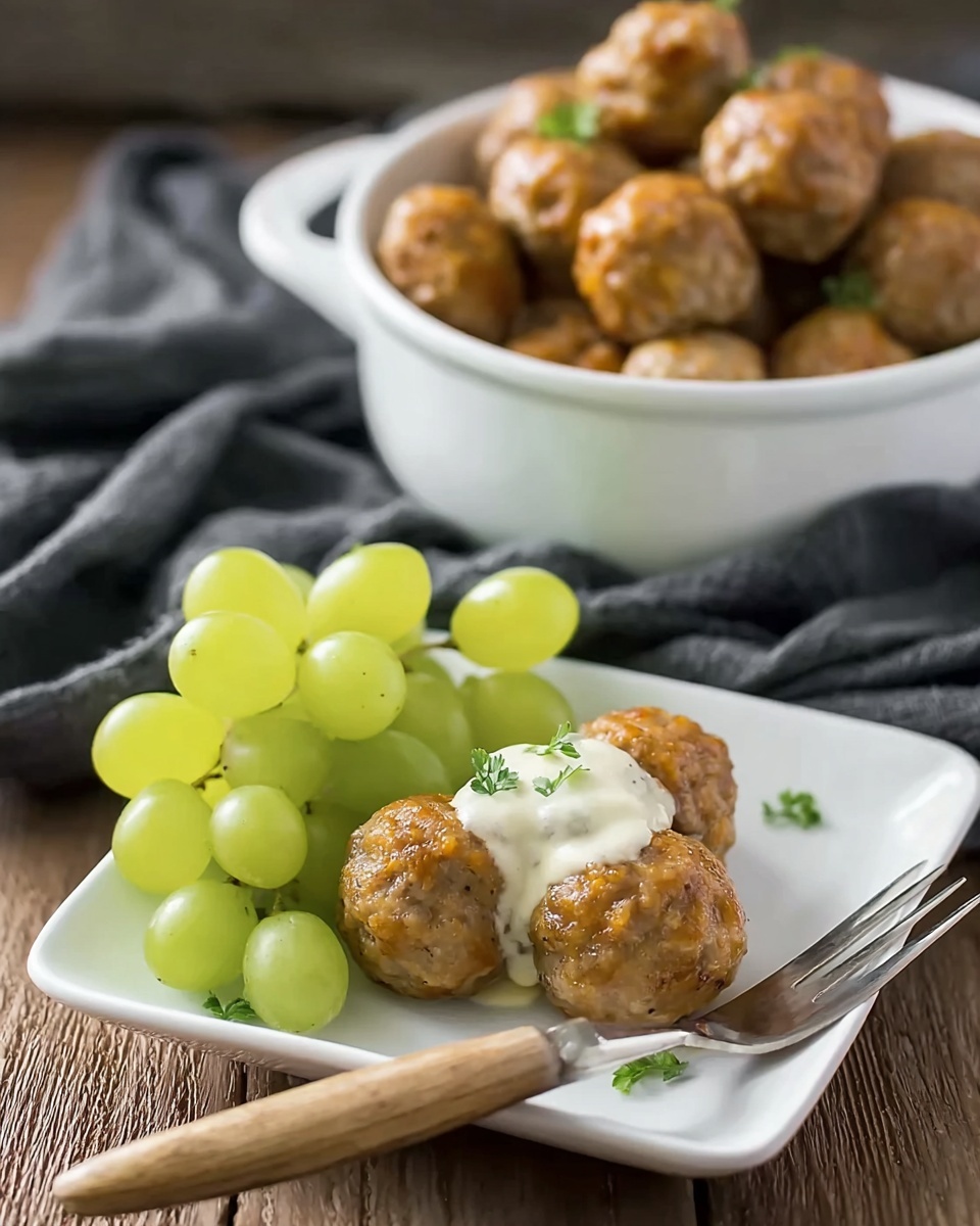 The image shows a small white square plate with three light brown meatballs, one topped with a dollop of white sauce. Next to the meatballs is a small bunch of shiny green grapes, and a fork with a light wooden handle rests across the plate. In the background, there is a white bowl filled with more meatballs. The scene is set on a wooden surface with a soft dark cloth in the background. photo taken with an iphone --ar 4:5 --v 7