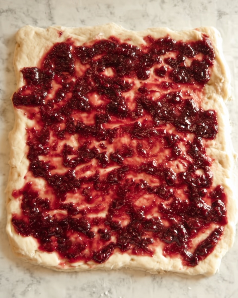 The image shows one layer of light beige dough spread flat in a square shape with slightly uneven edges. On top, there is a layer of dark red jam with visible small darker fruit pieces, spread unevenly across the dough, allowing some dough to show through in places. The jam layer has a shiny, sticky texture and covers most of the dough except the outer edges. The whole setup is placed on a white marbled surface photo taken with an iphone --ar 4:5 --v 7