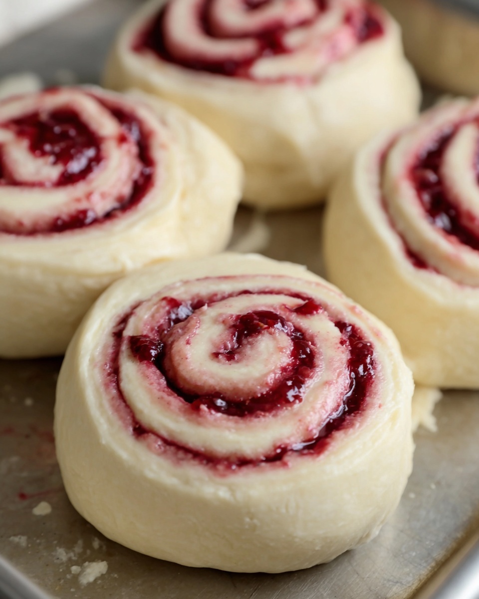 The image shows four raw cinnamon rolls with a swirl of red berry filling inside. Each roll has a thick outer dough layer that is pale cream in color and smooth in texture. Inside, there is one spiral layer of bright red jam that has bits of berries, creating a slightly chunky texture. The rolls are placed close to each other on a baking tray with a metallic shiny surface. Photo taken with an iphone --ar 4:5 --v 7