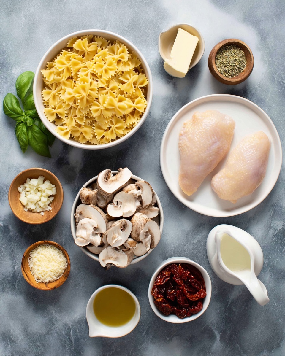 The image shows different ingredients arranged neatly on a white marbled surface. In the middle, there is a white bowl filled with dry farfalle pasta, yellow with a slightly rough texture. To the right of the pasta, two raw chicken pieces lie on a white plate, pale pink with a smooth surface. Below the chicken, a white bowl contains sliced brown mushrooms with light cream insides. Around these main ingredients are smaller white and wooden bowls and cups: finely chopped garlic in a small wooden bowl, grated Parmesan cheese in a white bowl, a small wooden bowl with light brown powder, olive oil in a white small cup, butter that is pale yellow in a wooden cup, cream in a small glass jug and a dark red sun-dried tomato mix in a white bowl. A small sprig of fresh green basil adds a touch of color on the left side. The top-down view captures all items clearly, with a clean and bright atmosphere. photo taken with an iphone --ar 4:5 --v 7