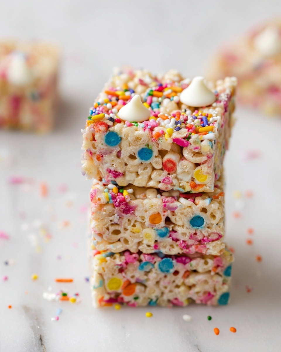 A close-up of three stacked square treats showing three distinct layers of puffed rice cereal mixed with a light cream-colored binder filled with colorful sprinkles throughout. The top layer is decorated with more colorful sprinkle pieces and a few white chocolate chips shaped like small discs and wedges. The squares have a chewy, textured surface with bright multicolored dots in pink, blue, green, orange, yellow, and white. The stack is set on a white marbled surface with some scattered sprinkles around. Photo taken with an iphone --ar 4:5 --v 7