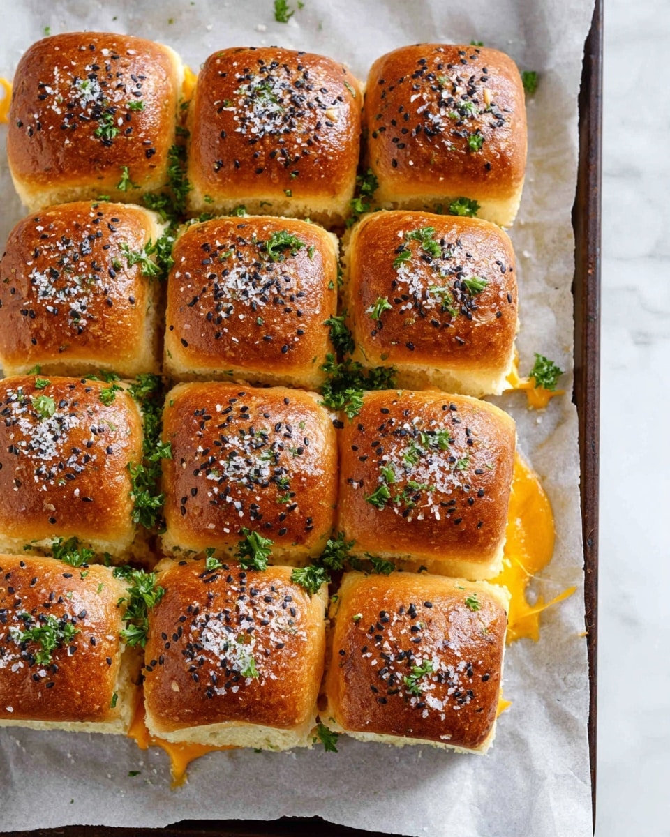 A close-up view of a baking tray lined with white parchment paper holding 16 small square sandwich sliders arranged in a 4 by 4 grid. Each slider bun is golden brown and shiny on top with black sesame seeds and coarse salt sprinkled over. Fresh green parsley leaves are scattered across the sliders for garnish. The slider buns are slightly pressed together, showing melted orange cheddar cheese peeking out from between the layers. The background is a white marbled surface. photo taken with an iphone --ar 4:5 --v 7