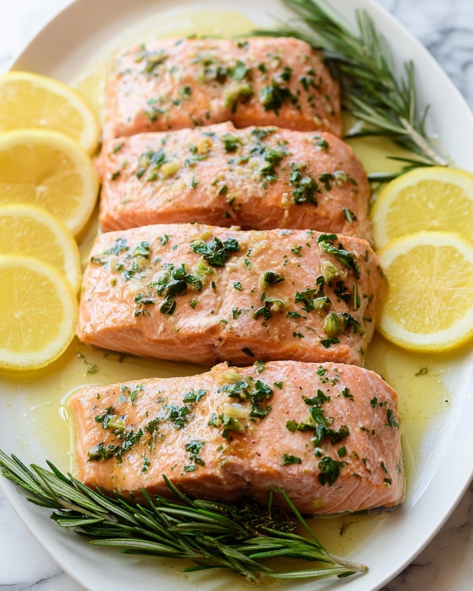 Four pieces of cooked salmon fillets with a light pink color are arranged close to each other on a white plate. Each fillet is topped with small green herb bits, and they have a light shiny sauce over them. Thin slices of bright yellow lemon surround the salmon at the bottom and left sides of the plate. A sprig of fresh rosemary with dark green needle-like leaves lies diagonally near the top and bottom edges of the plate. The plate is set on a white marbled textured surface. photo taken with an iphone --ar 4:5 --v 7