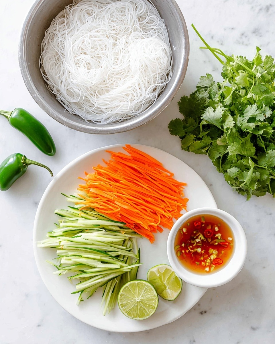 The image shows a top view of fresh ingredients arranged on a white marbled surface. At the top center, there is a metal bowl filled with soaked, thin, white rice noodles. Below it, a white plate holds two layers: the bottom layer has neatly sliced green cucumber sticks, and the top layer has thin, bright orange carrot sticks. To the right of the plate, there is a small white bowl with a clear, reddish amber dipping sauce containing chopped garlic and chili pieces. Near the bowl, a green lime is halved with one half placed face-up on the plate and the other near the bowl. Two whole green chili peppers are on the left side of the bowl. At the bottom right corner, there is a bunch of fresh green cilantro leaves visible. The whole setup is clean, bright, and fresh-looking. Photo taken with an iphone --ar 4:5 --v 7