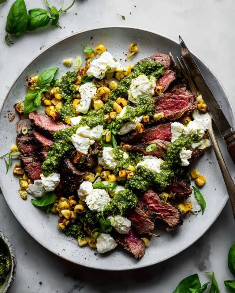 Pesto Steak with Grilled Corn and Burrata Recipe