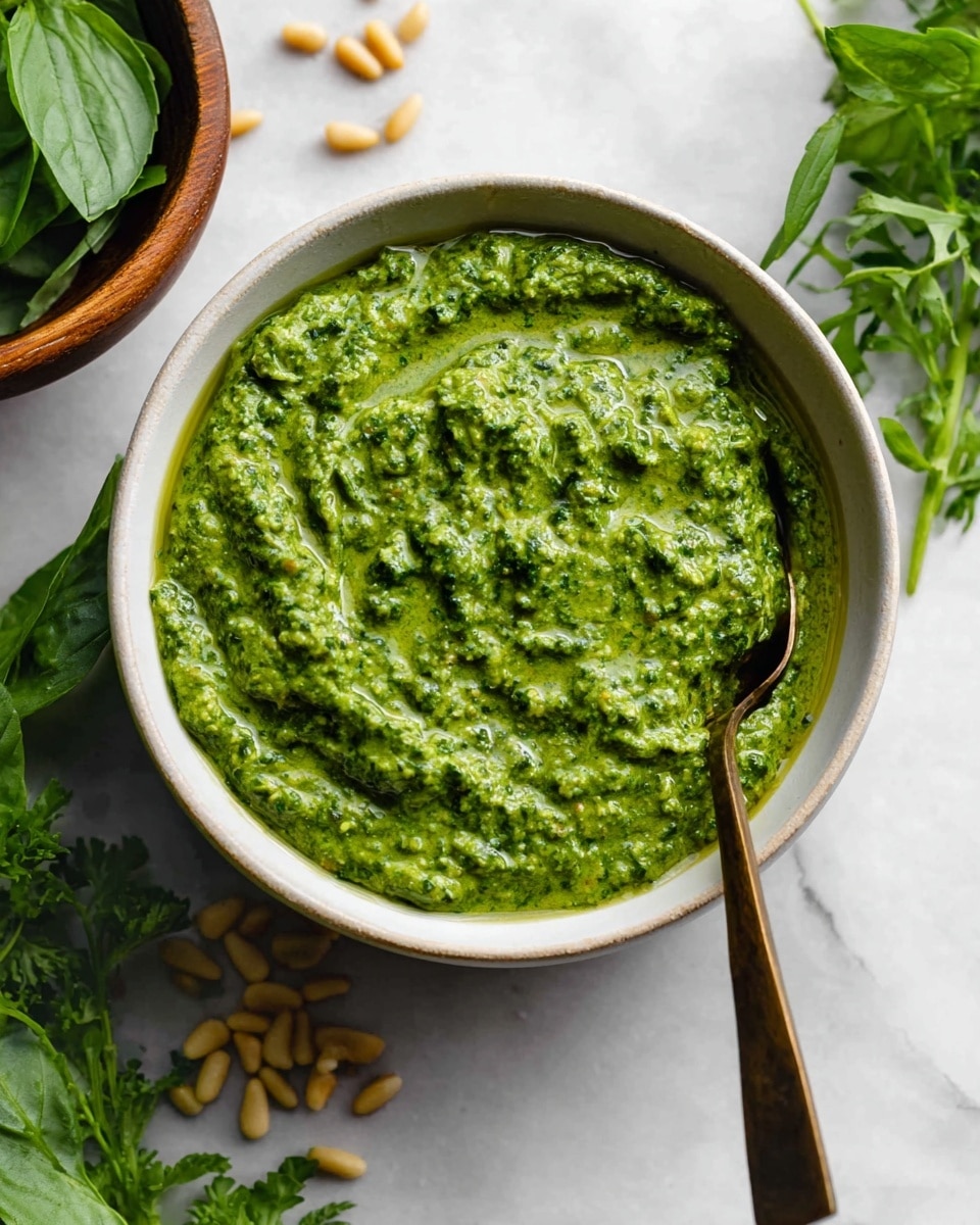 A close-up view of a white bowl filled with thick green pesto sauce, showing textured layers of blended basil and nuts with small chunks and oil droplets on the surface. A bronze-colored spoon stands inside the bowl on the right side. Surrounding the bowl are fresh green basil leaves in a wooden bowl to the upper left and pine nuts scattered near the bottom left on a white marbled surface, with green leafy herbs partly visible at the top right. Photo taken with an iphone --ar 4:5 --v 7