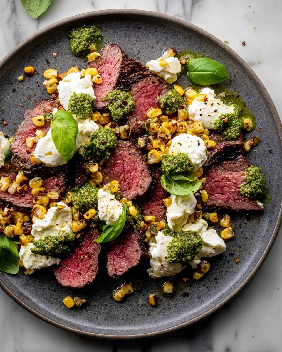 A dark gray plate on a white marbled surface holds several slices of medium-rare beef with a pink center and a lightly seared brown edge, arranged in a loose circle. Scattered around and on top of the beef are charred corn kernels with a golden yellow and slightly blackened texture. Dollops of white creamy cheese are placed unevenly, some with a drizzle of olive oil and a sprinkle of black pepper. Bright green dollops of thick pesto sauce with a coarse texture are spread across the beef and cheese. Fresh basil leaves add pops of dark green color on top. Photo taken with an iphone --ar 4:5 --v 7