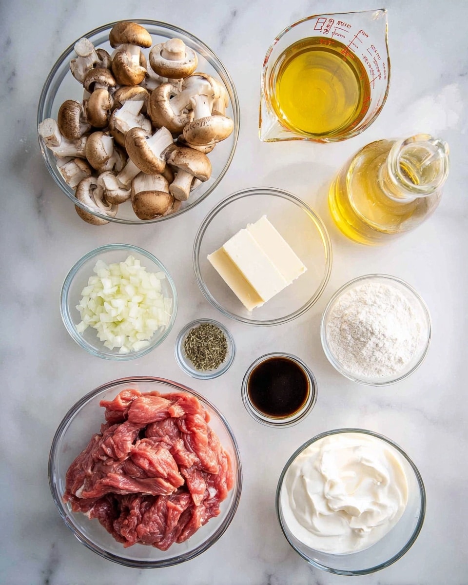 A white marbled surface holds several clear glass bowls and a bottle arranged neatly. The top left bowl is filled with light brown whole mushrooms, with a smooth texture and some dark gills showing. To the right, a clear glass measuring cup contains a golden-yellow broth, reflecting light softly. Below the mushrooms is a clear bottle with yellow olive oil. In the center is a small bowl of finely chopped white onions. Below it is a large bowl filled with raw beef strips, rich red with light marbling. To the right of the beef, there is a small bowl of thick, dark soy sauce. Next to that, a small rectangular piece of pale butter wrapped in labeled paper. To the right of the butter, a small pile of white flour fills a clear bowl. Near the bottom right, a larger bowl contains thick white sour cream with a creamy texture. Small clear bowls hold minced garlic and greenish dried herbs near the center bottom of the image. The whole arrangement sits on a clean white marbled surface, with soft natural light. photo taken with an iphone --ar 4:5 --v 7