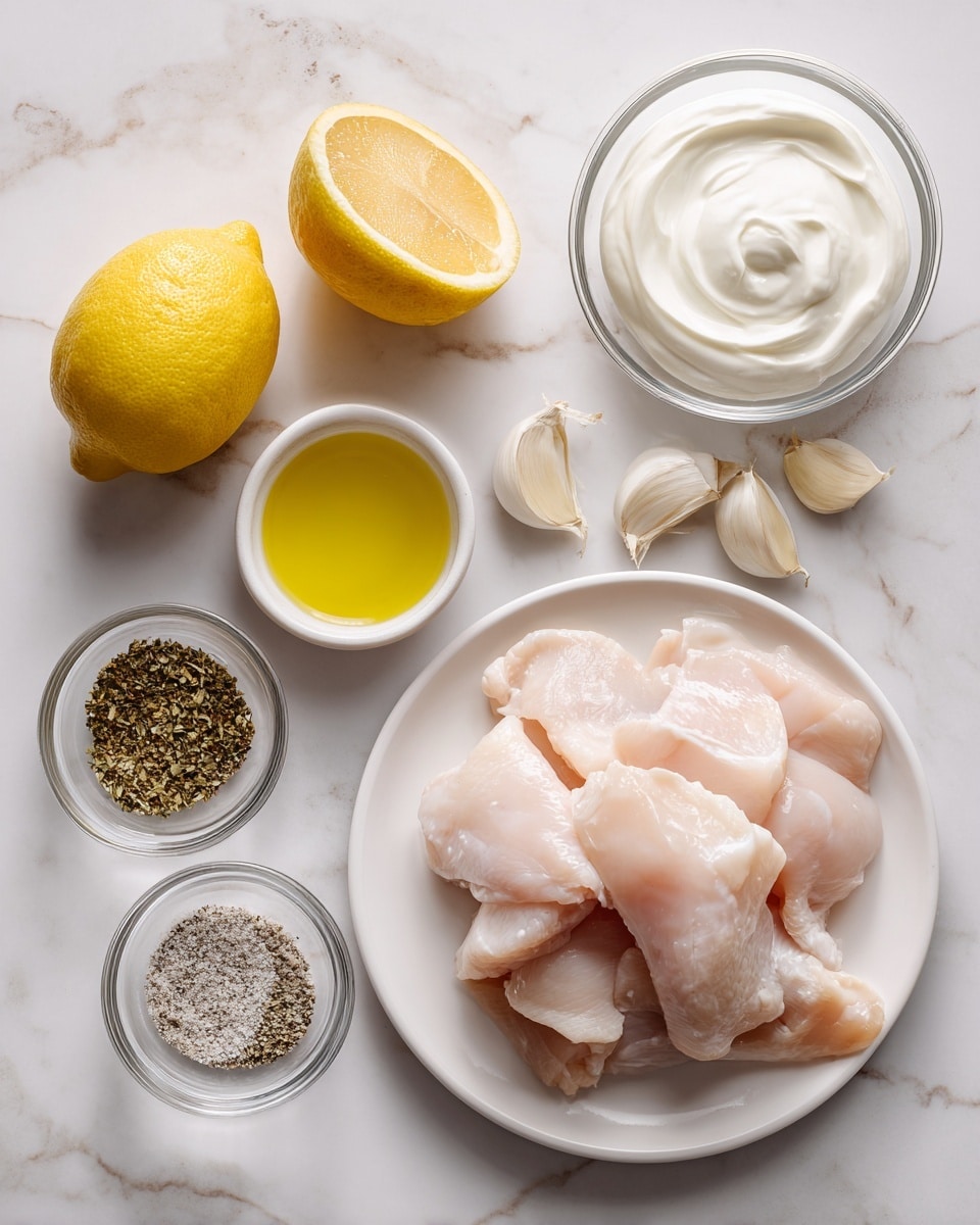 The image shows raw chicken pieces placed on a white plate positioned on a white marbled surface. Next to it are two lemons, one whole and one cut in half, showing the yellow inside. Nearby, there is a small transparent bowl filled with thick Greek yogurt, a few peeled garlic cloves lying beside it, and a clear bowl with olive oil. Another small transparent bowl contains three piles of seasoning: dried oregano, black pepper, and salt, each distinctly separated. All items are arranged neatly on the white marbled background. photo taken with an iphone --ar 4:5 --v 7