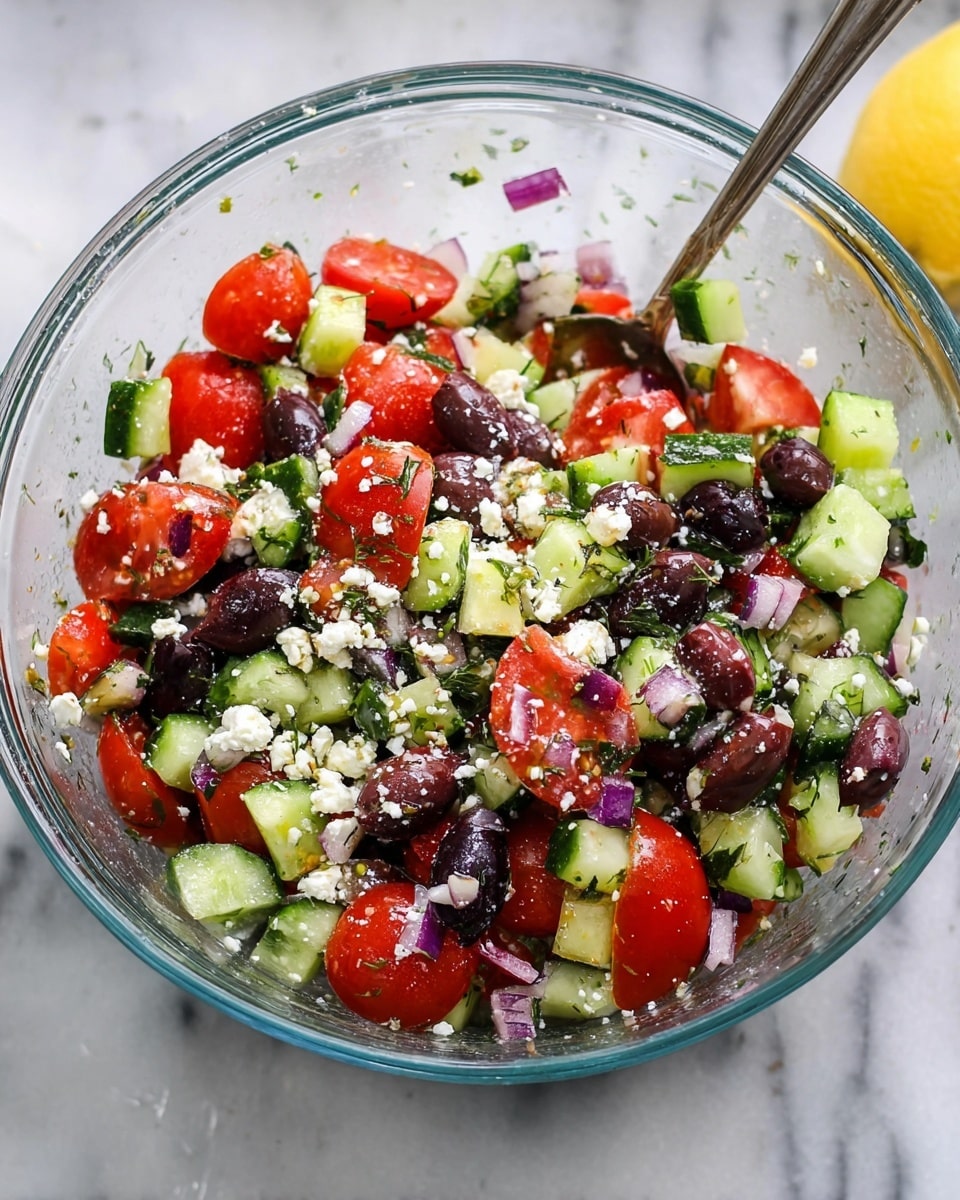 A clear glass bowl filled with a fresh salad made of bright red cherry tomatoes cut in halves, dark purple olives sliced, small light green cucumber chunks with their skin, and tiny pieces of red onion. White crumbles of cheese are scattered evenly throughout the mix, adding a soft texture. The salad is on a white marbled surface, and a silver spoon rests inside the bowl on one side. There is a lemon half partially visible in the background. photo taken with an iphone --ar 4:5 --v 7