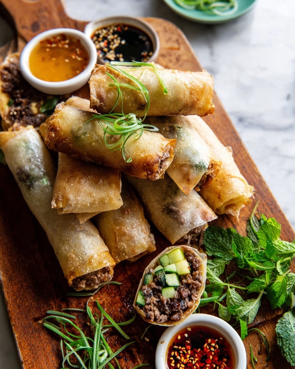 A wooden board holds several light golden fried spring rolls stacked in irregular layers, with two rolls cut open at the front showing dark brown minced meat, bright green cucumber slices, and leafy herbs inside. Thin green strips of herbs decorate the top of some whole rolls. Around the rolls, there are small white bowls containing a spicy sauce with sesame seeds, dark soy sauce, and chili oil, along with fresh green herb sprigs placed next to the bowls. The board sits on a white marbled surface. Photo taken with an iphone --ar 4:5 --v 7