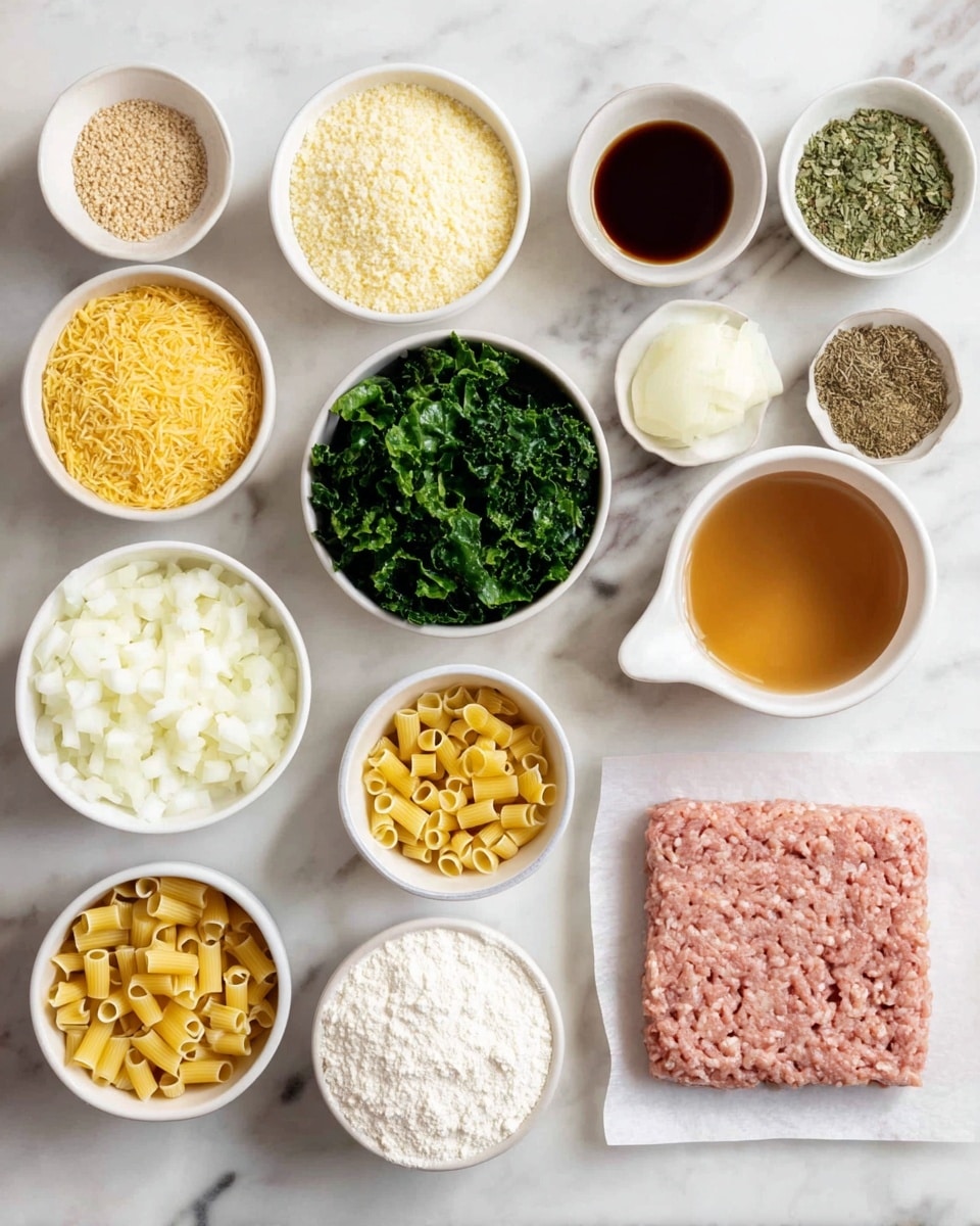 The image shows a white marbled surface with twelve small white bowls and one white measuring cup arranged neatly. The bowls hold various ingredients: light yellow breadcrumbs, chopped white onions, a dark brown sauce, chopped green leafy kale, small yellow pasta tubes, finely grated pale yellow cheese, a creamy white mixture, a smaller bowl with white flour, a bowl of a dark brown liquid, and two bowls containing dried herbs and spices in green and brown shades. On the white paper to the right of the bowls is a flattened block of light pink ground meat. The measuring cup is filled with a golden-brown liquid. photo taken with an iphone --ar 4:5 --v 7