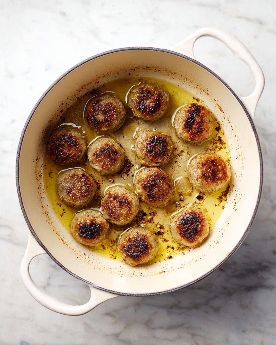 A white pot with two handles holds about thirteen small, browned meatballs frying in a layer of golden oil. The meatballs have a nice crust, showing darker brown spots on top, with a light beige color on the sides. Some brown bits from cooking are scattered in the oil. The pot sits on a white marbled surface with faint gray veins. photo taken with an iphone --ar 4:5 --v 7