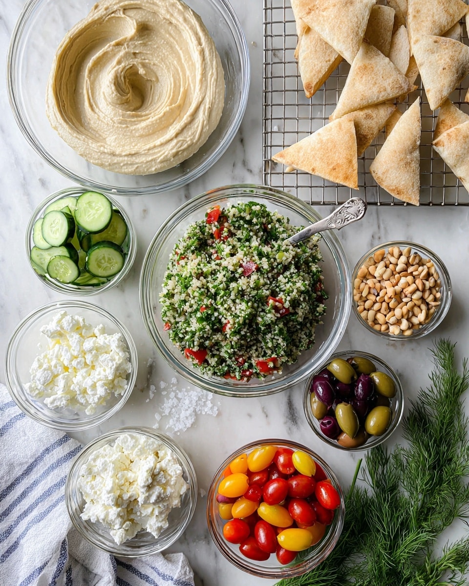 The image shows a top view of several small clear glass bowls on a white marbled surface. The largest bowl at the top contains creamy beige hummus with smooth swirls. Below it is a medium bowl filled with green tabbouleh salad made of tiny bulgur grains and small red tomato pieces, with a spoon sticking out. To the left, a smaller bowl has bright green cucumber slices stacked in layers. The bottom bowl holds white crumbled cheese with a soft texture. On the right side, a small bowl contains mixed cherry tomatoes in red, yellow, and orange shades, cut in halves. Next to it, another small bowl has light brown pine nuts. Below that, a bowl has mixed olives in green, purple, and black shades. Near the top right, triangular crisp pita chips sprinkled with salt sit on a metal cooling rack. In the lower right corner, fresh green dill herb sprigs rest on the surface. A striped white and blue cloth is partly visible at the bottom. The photo taken with an iphone --ar 4:5 --v 7