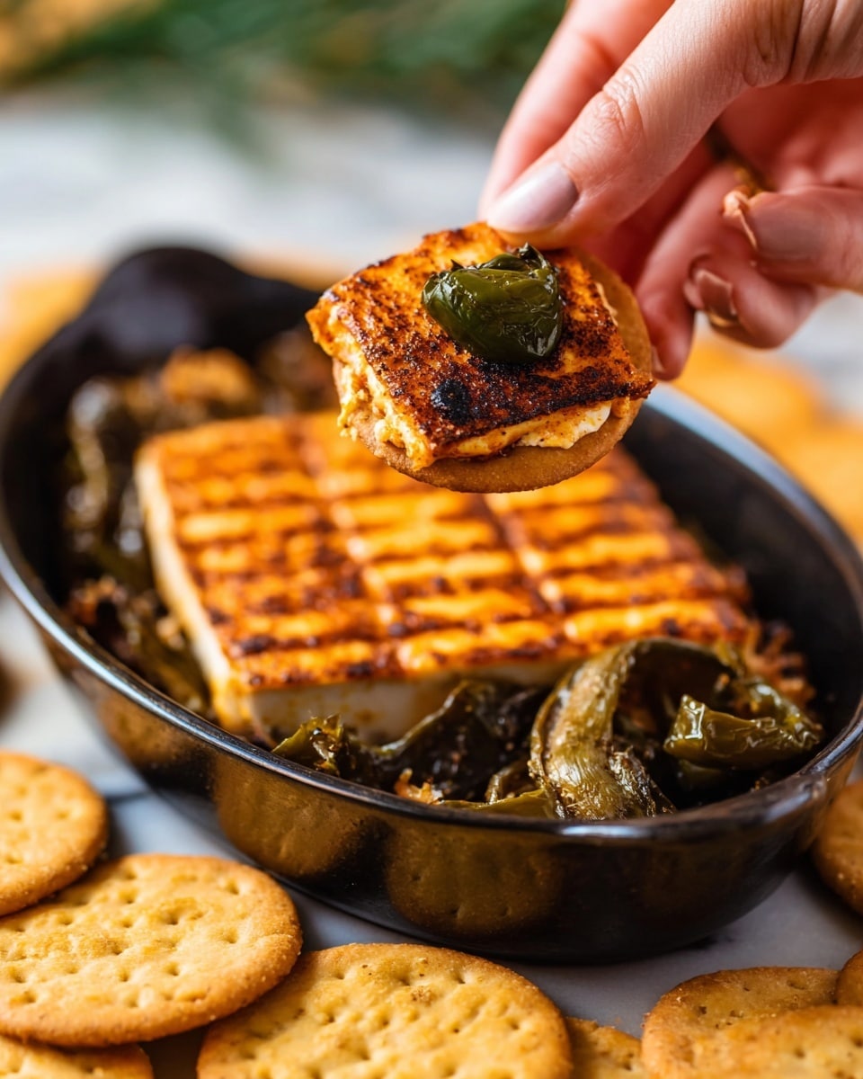 A close-up of a woman's hand holding a light brown round cracker topped with a small piece of grilled cheese that has a reddish-brown crust, along with a round slice of dark green roasted pepper. In the background is a black oval dish filled with a block of grilled cheese marked with crosshatch grill lines and surrounded by more pieces of roasted dark green peppers. Surrounding the dish are several light brown round crackers on a white marbled surface. Photo taken with an iphone --ar 4:5 --v 7