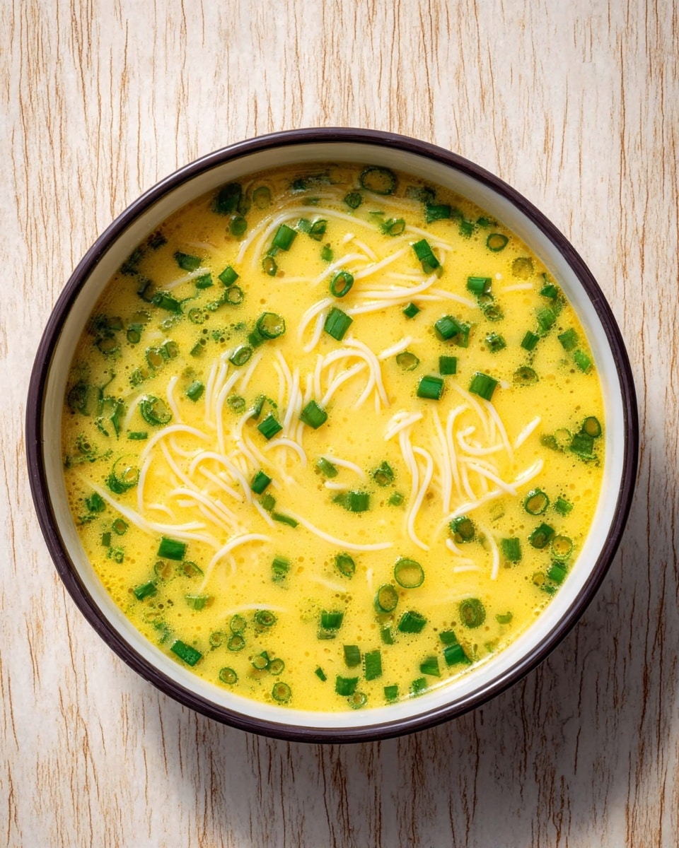 A close-up top view of a bowl filled with a yellow soup base that looks smooth and creamy, mixed with thin white noodles and small green onion pieces scattered evenly throughout. The bowl is white with a thin dark rim. The bowl sits on a white marbled surface that adds a clean texture to the background. The soup appears warm and inviting with vibrant green and white contrasts on the yellow base photo taken with an iphone --ar 4:5 --v 7
