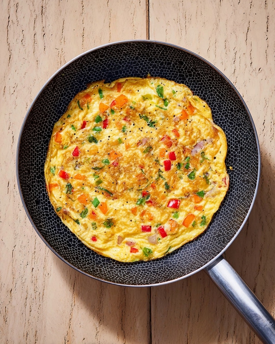 A cooked omelette sits flat inside a black frying pan with a hexagonal pattern. The omelette has a mix of soft yellow egg as the base layer with visible pieces of red bell pepper, green herbs, and orange carrot strips scattered throughout, creating a colorful and textured surface. The edges of the omelette are slightly browned, and the vegetables add small pops of red, green, and orange all over. The frying pan has a silver metal handle and rests on a wooden surface that has been visually changed to a white marbled texture. photo taken with an iphone --ar 4:5 --v 7