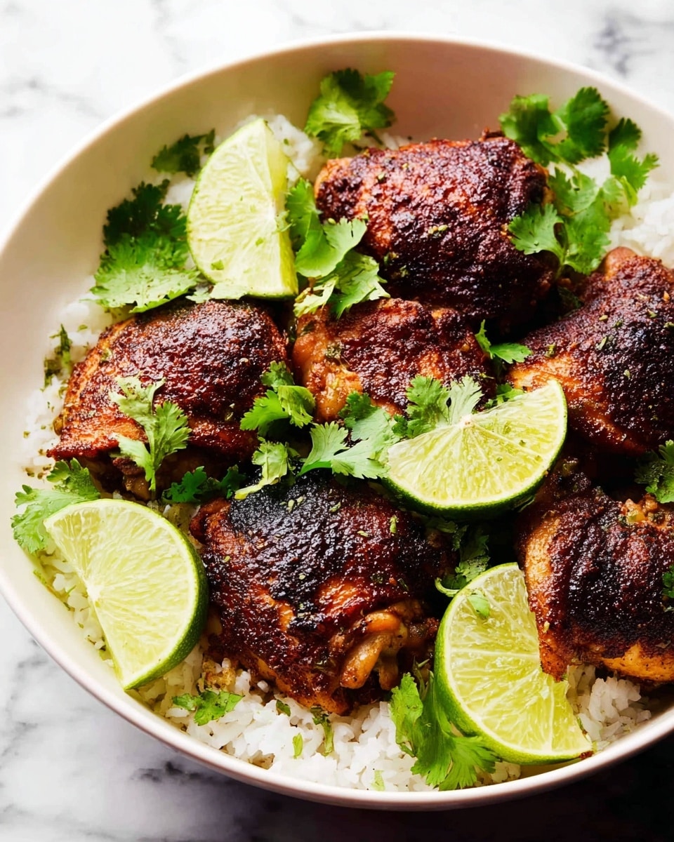 A white bowl filled with a base layer of fluffy white rice, topped with six pieces of dark brown, well-seasoned roasted chicken thighs that have a slightly crispy texture. Scattered on top and around the chicken pieces are bright green cilantro leaves and several thin slices of fresh lime with light green rims and pale green centers. The dish sits on a surface with a white marbled texture. Photo taken with an iphone --ar 4:5 --v 7