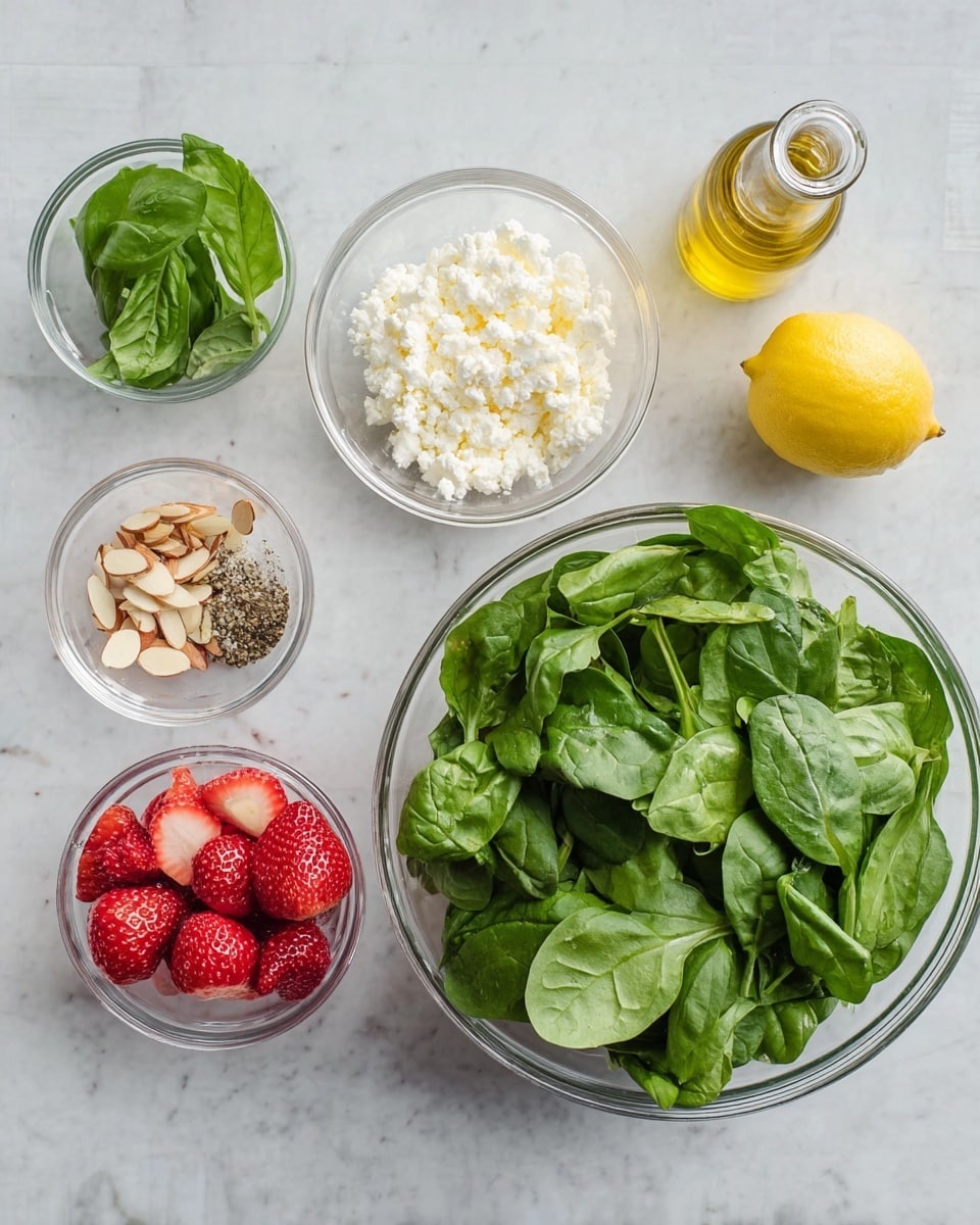The image shows several clear glass bowls and a bottle arranged on a white marbled surface. There is a large bowl on the right filled with fresh, bright green spinach leaves. Next to it, slightly lower and to the left, is a small bowl holding fresh basil leaves, also green but a bit darker. Above the basil bowl is a medium bowl filled with white crumbled cheese. To the left of the cheese is a small bowl with a mix of salt and pepper. Below that, another small bowl contains sliced almonds with a light tan color. Below the almond bowl is a bowl of bright red strawberries with green tops. Above the cheese and spinach is a clear bottle filled with golden olive oil, and next to it on the upper right corner is a bright yellow lemon. The whole setup is bright and fresh, placed neatly on the white marbled background photo taken with an iphone --ar 4:5 --v 7