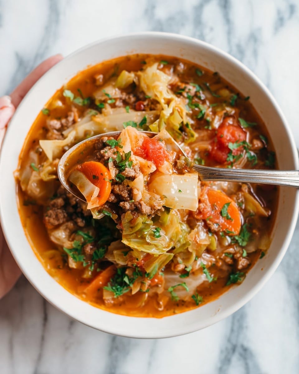 A close-up of a white bowl filled with a thick stew consisting of several layers: at the bottom, a rich brownish-red broth; mixed in are uneven chunks of light beige cabbage pieces and small brown crumbled ground meat; bright orange carrot slices are scattered throughout; a few bright red tomato chunks sit on top; fresh green herbs are sprinkled over everything. A silver spoon lifts some of the stew, showing all these layers together, held by a woman's hand above the bowl on a white marbled surface. Photo taken with an iphone --ar 4:5 --v 7