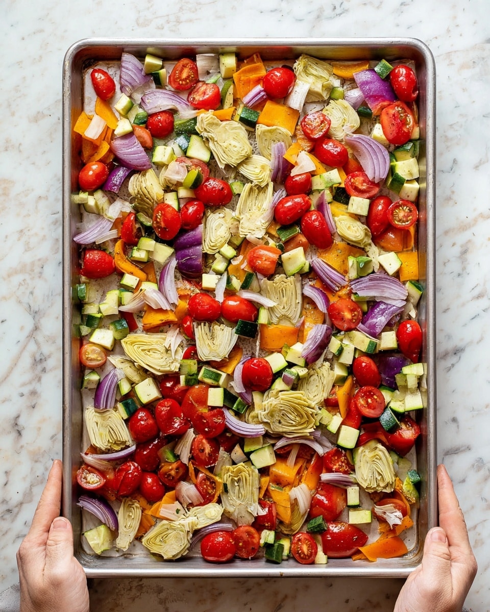 A large metal baking tray filled with many colorful vegetable pieces scattered on one layer. The vegetables include red cherry tomatoes whole and halved, chopped green zucchini with a light green inside and dark green skin, orange and yellow bell pepper pieces, light beige artichoke hearts, and thin curved slices of purple-red onion spread out evenly. The tray is held on either side by two visible fingers from a person's pair of hands resting on a white marbled surface. Photo taken with an iphone --ar 4:5 --v 7