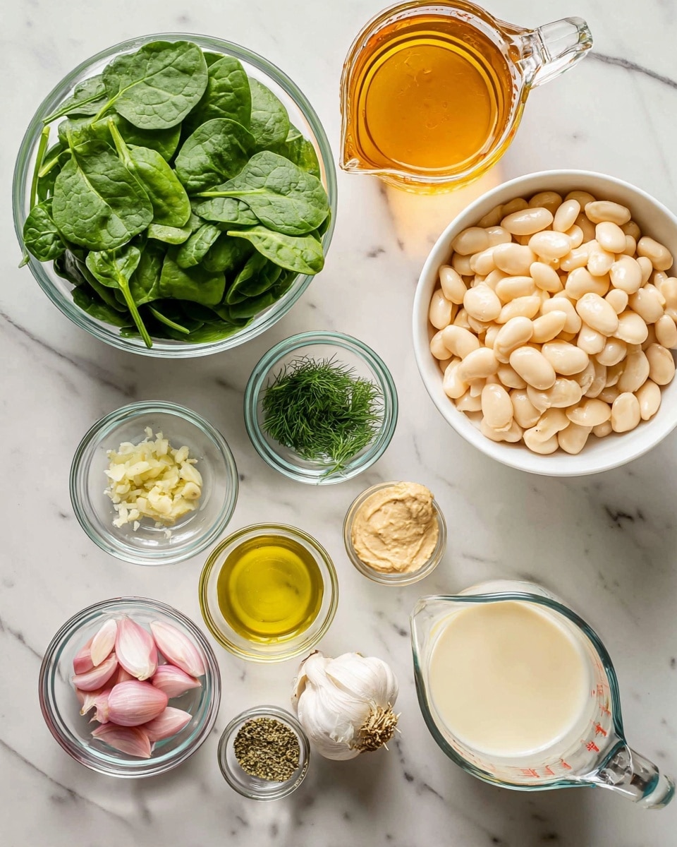 The image shows various ingredients arranged neatly on a white marbled surface. There is a large white bowl filled with pale, plump beans in the top right. Next to it is a glass pitcher containing amber-colored broth. Below the beans is a large glass bowl filled with fresh, vibrant green spinach leaves. Other smaller clear glass bowls hold sliced light pink shallots, a mix of salt and pepper, green fresh dill, light yellow minced garlic, a creamy beige paste, a small amount of golden olive oil, and a small clear glass pitcher with a pale yellow liquid, possibly lemon juice. A clear measuring cup with off-white creamy liquid sits in the bottom right. The ingredients are spaced evenly and clearly visible. Photo taken with an iphone --ar 4:5 --v 7