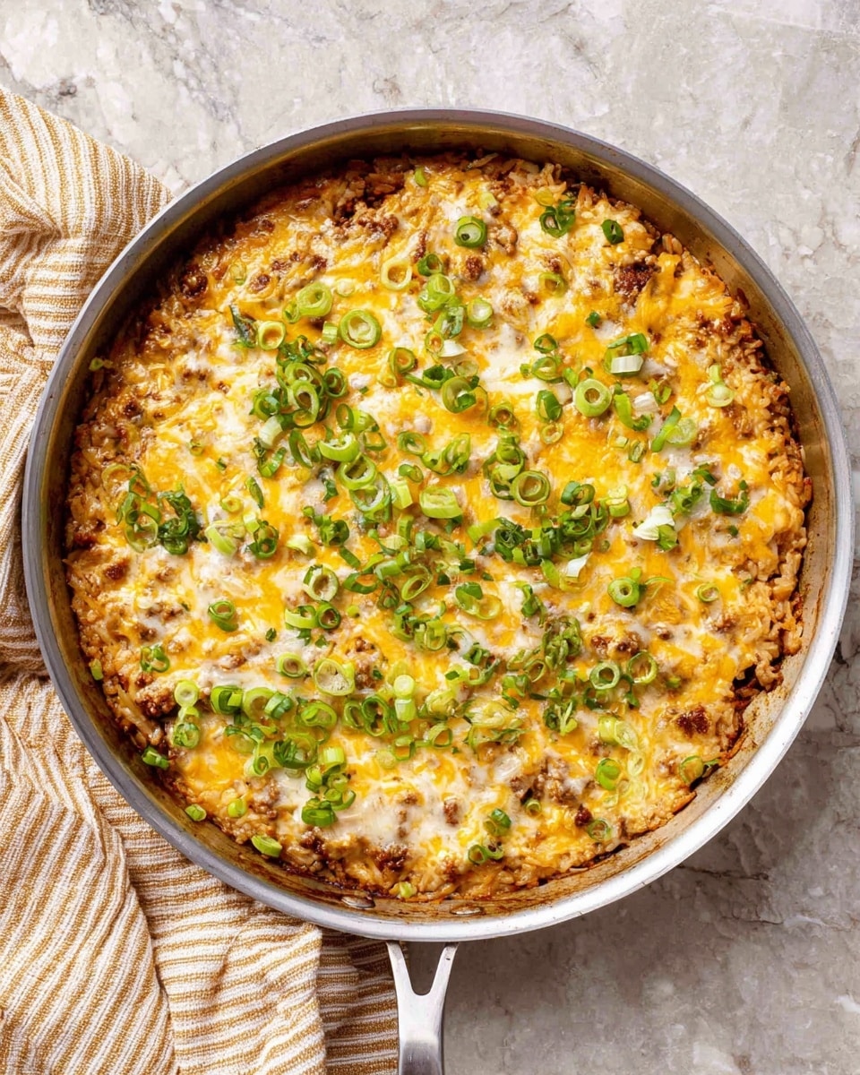 A round silver pan filled with a layered dish starting with a base of chunky, brownish cooked ingredients, likely rice or meat mixed with spices. On top, there is a thick layer of melted yellow and white cheese spread unevenly, giving a smooth, creamy texture with some browned spots. Green slices of scallions are scattered evenly on top along with small bits of chopped green herbs, adding fresh contrast in color. The pan sits on a white marbled textured surface with a beige striped cloth nearby. The photo taken with an iphone --ar 4:5 --v 7