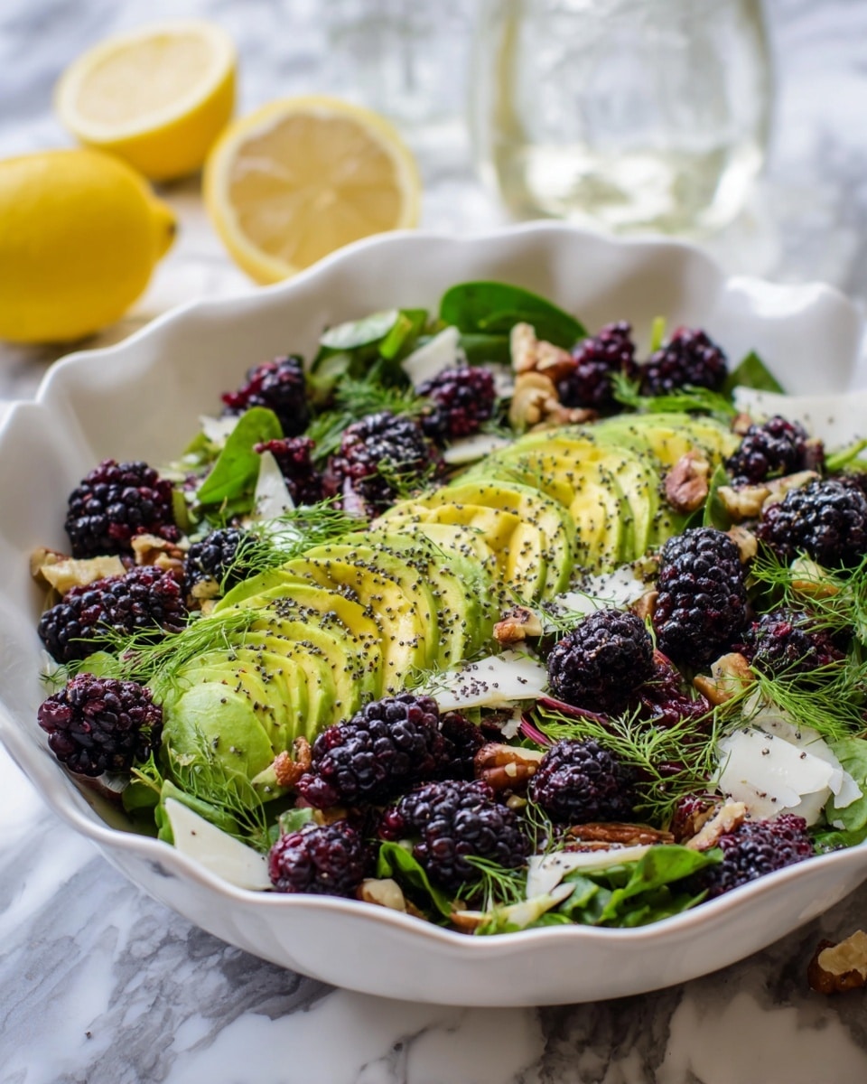 A white, wavy-edged bowl filled with a fresh salad shows multiple layers. The bottom layer is dark green and leafy spinach and mixed greens. On top, there are slices of yellow-green avocado arranged in rows, mixed with many deep purple-black blackberries scattered evenly. Small pieces of white cheese curls and nuts sprinkle across the top, along with fresh dill leaves adding bright green fine texture. The salad has a light dressing with visible black poppy seeds sprinkled over everything. In the background on a white marbled surface, a lemon half and a clear glass bottle are slightly blurred. Photo taken with an iphone --ar 4:5 --v 7
