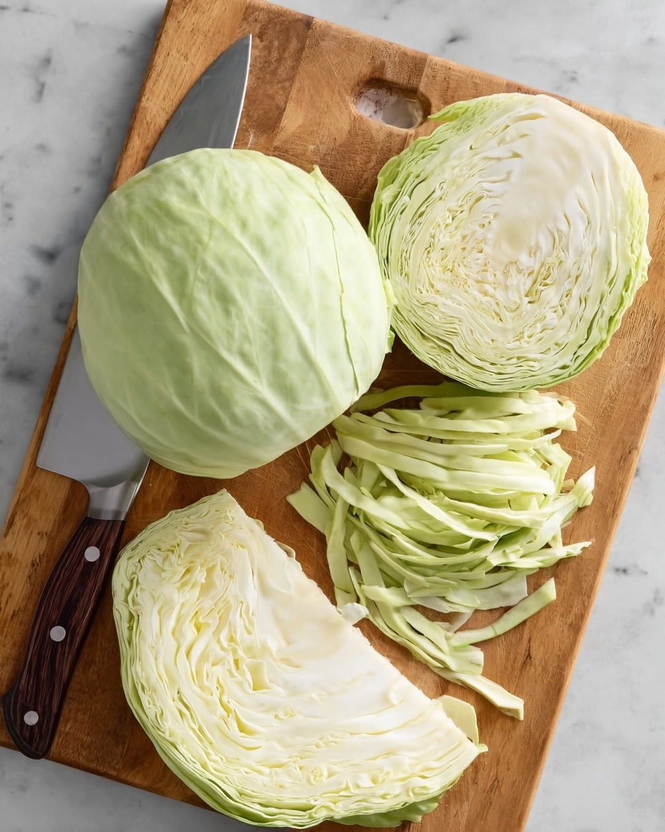 A wooden cutting board holds a whole round cabbage with light green outer leaves at the top right, a half cabbage placed upright showing pale green and white layers, and a flat slice of cabbage at the bottom left revealing tight, smooth, pale inner layers. Next to the flat slice are thin strips of pale green cabbage arranged loosely in a curved line. A large knife with a silver blade and dark wood handle rests on the left side of the board. The board is set on a white marbled surface. photo taken with an iphone --ar 4:5 --v 7