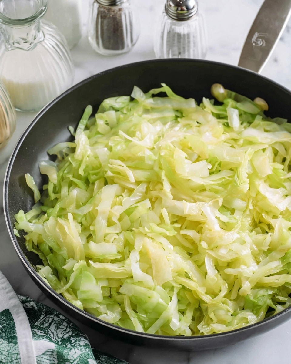 A black pan is filled with many thin strips of cooked light green cabbage filling the whole pan. The cabbage strips have a soft and slightly shiny look, showing they are lightly cooked. The pan rests on a white marbled surface with a green and white cloth towel to the side. Behind the pan, there are clear glass salt and pepper shakers, and a glass bottle with milk inside. The colors are fresh and light, centered on the cooked cabbage in the pan. photo taken with an iphone --ar 4:5 --v 7